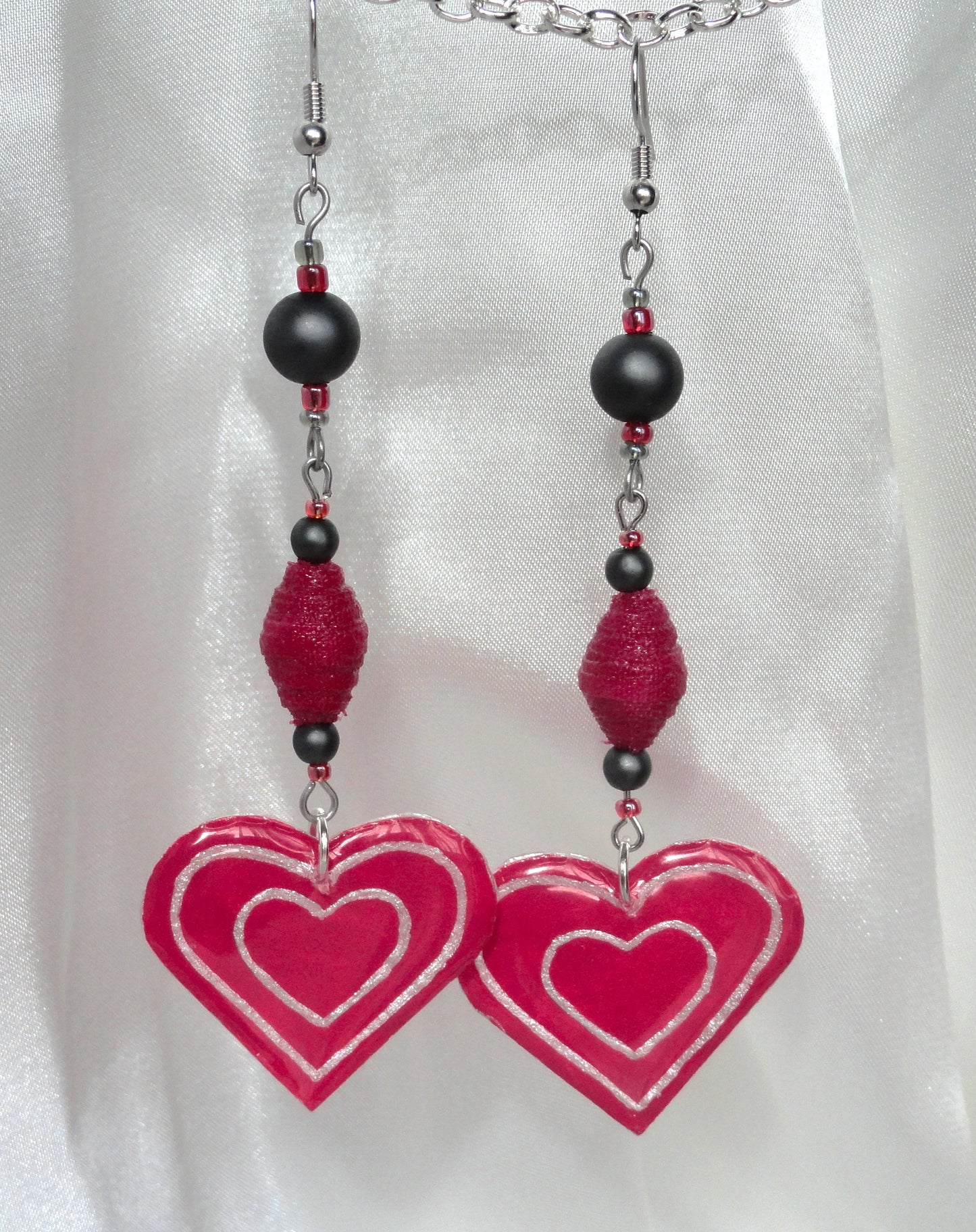 Magenta Heart Earrings With Magenta Handmade Cloth Beads and Glass Beads