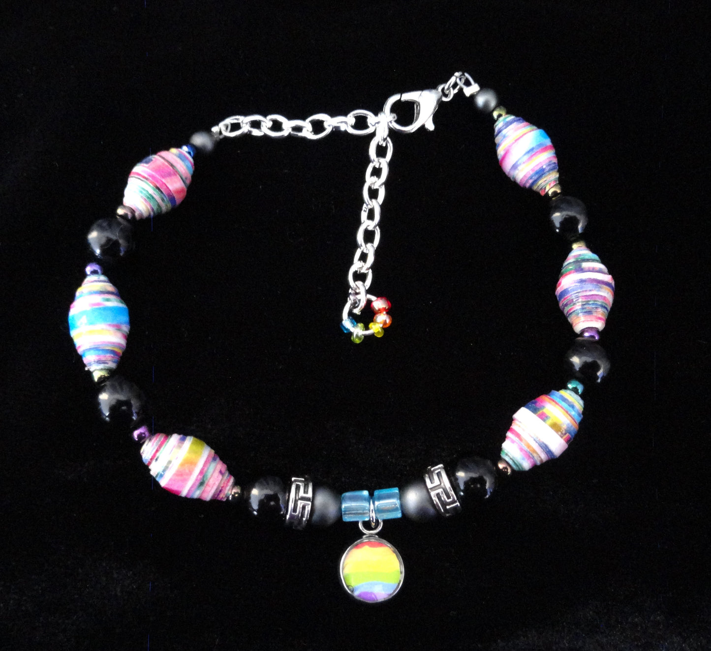 Adjustable Pride Bracelet With Colorful Handmade Paper Beads & Black Glass Beads