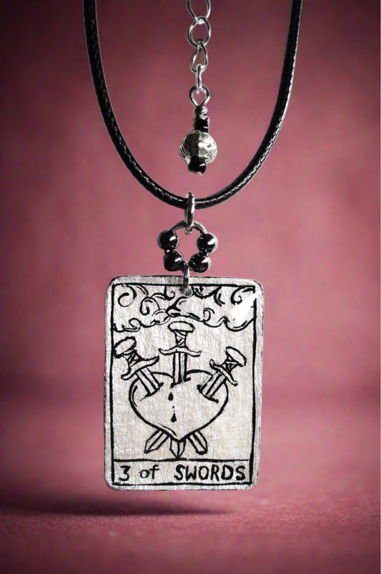 Hand-painted Three of Swords Tarot Card Necklace