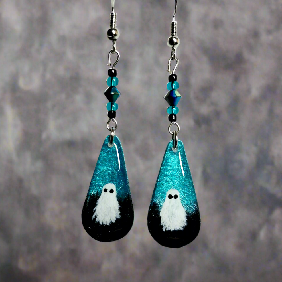 Little Blue Boo Hand-painted Ghost Earrings With Oil Slick Faceted Bead and Glass Beads