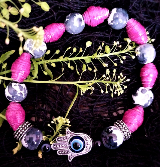 Bracelet With Hamsa Hand, Magenta Handmade Paper Beads, and Grey/White Marbled Beads