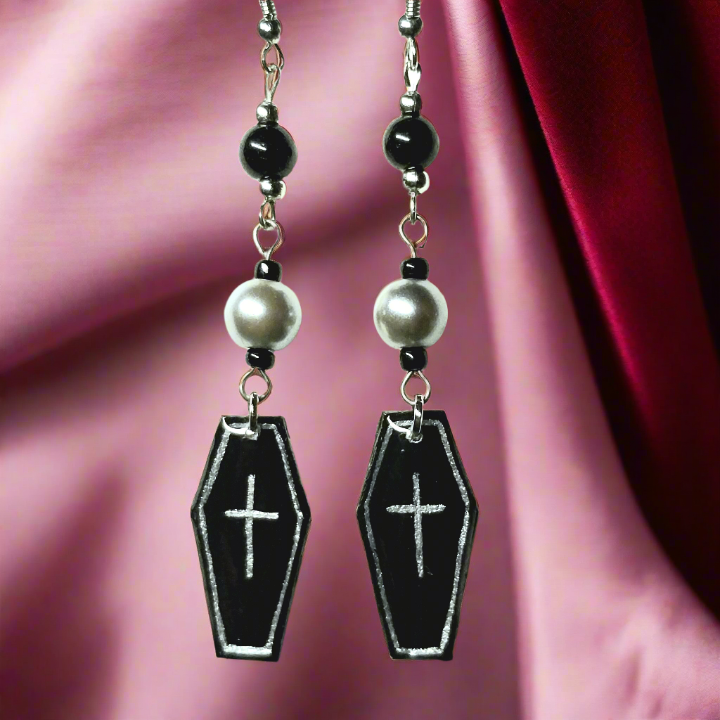 Handmade Silver Flower Coffin Earrings With Silver Colored Glass Beads