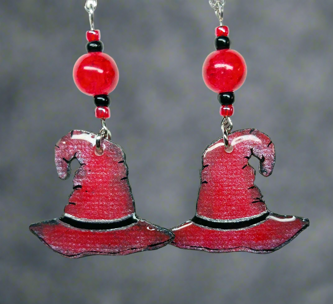 Handmade Red Witch Hat Earrings With Red Glass Beads