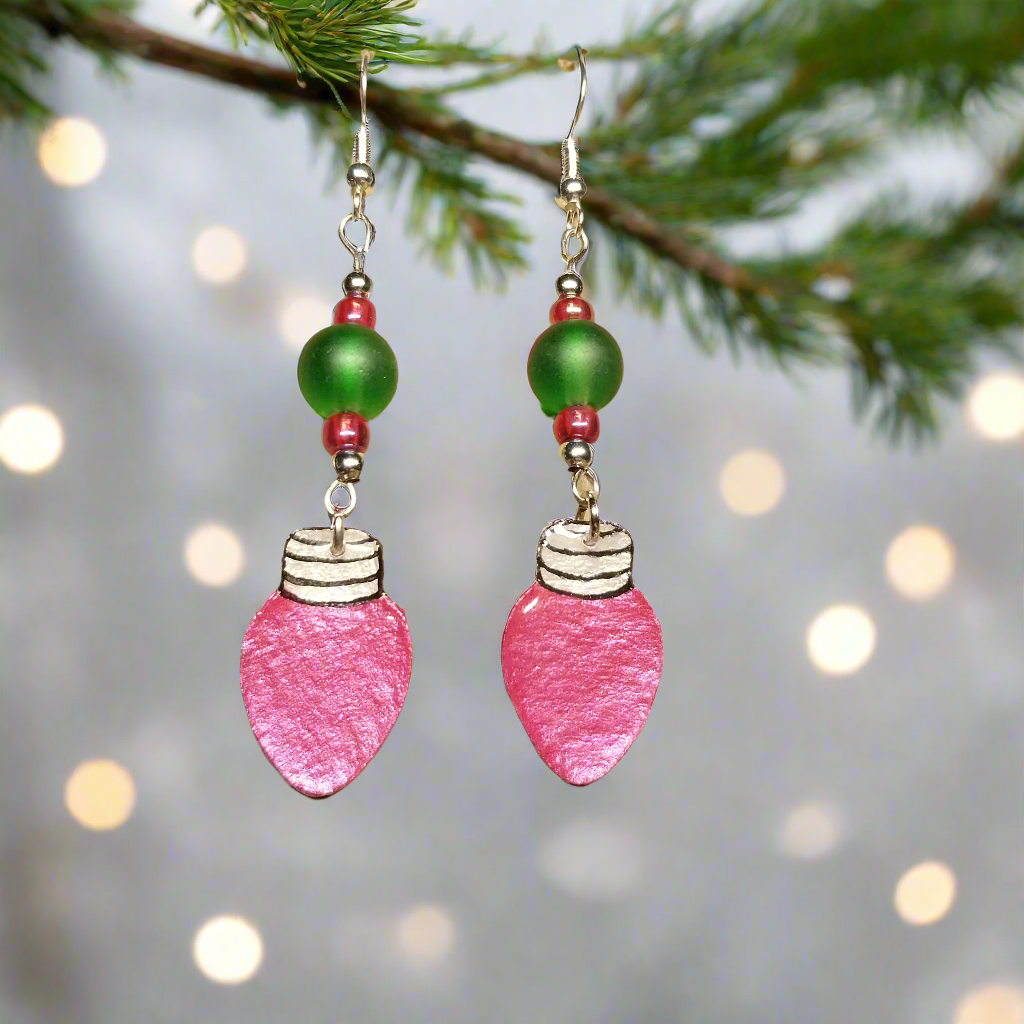 Hand-painted Red Christmas Bulb Earrings With Glass Beads