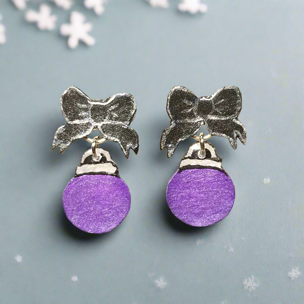Hand-painted Purple Christmas Ornament and Bow Stud Earrings