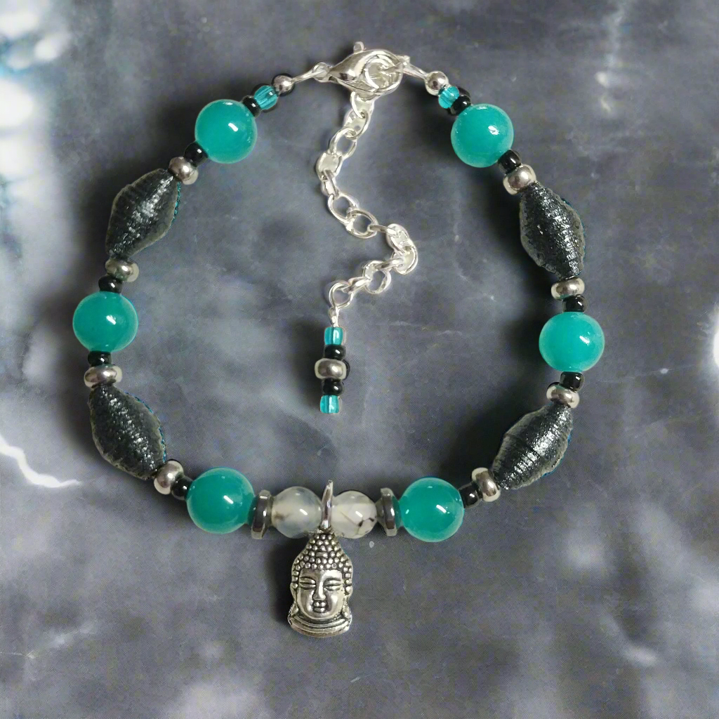 Adjustable Buddha Bracelet With Handmade Paper Beads and Glass Beads