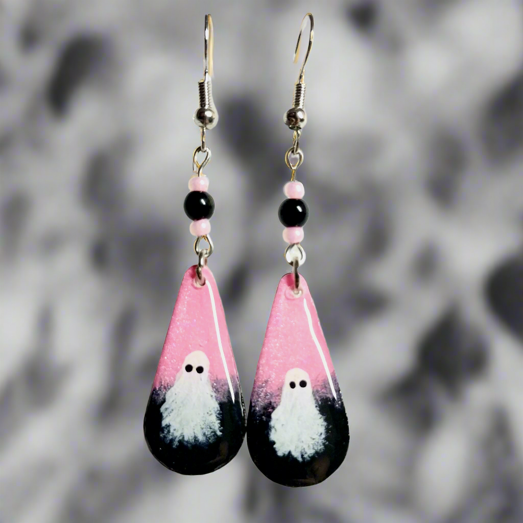Pinky Boo Hand-painted Ghost Earrings With Black Glass Beads