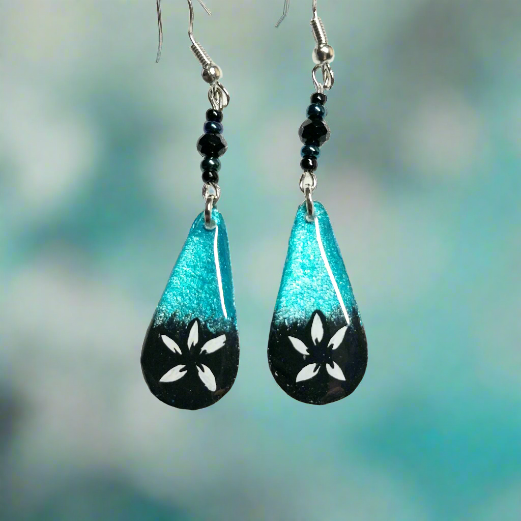 Little Blue Boo Hand-painted Ghost Earrings With Black Faceted Bead and Glass Beads