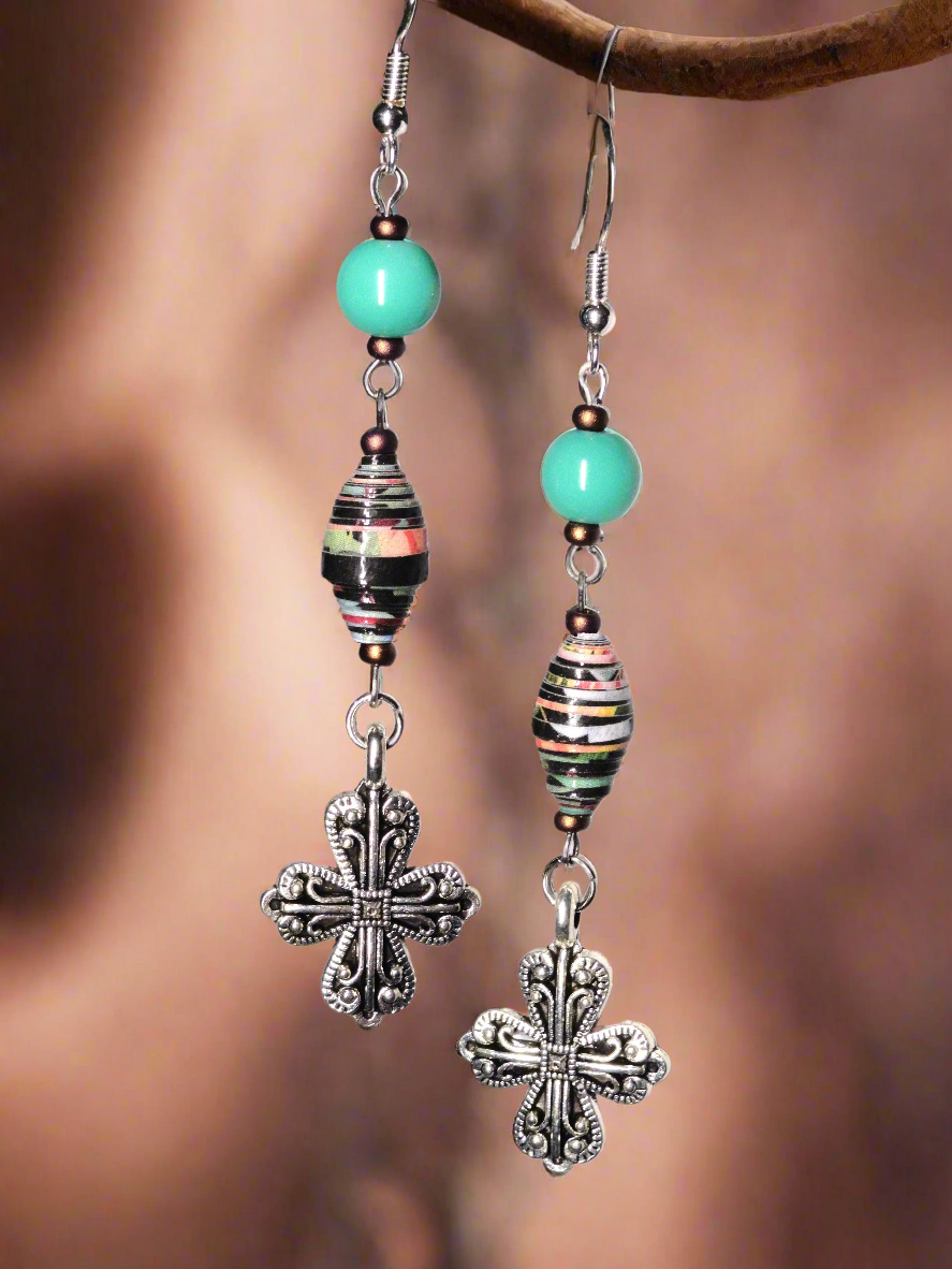 Cross Earrings With Multicolored Handmade Paper Beads and Glass Beads