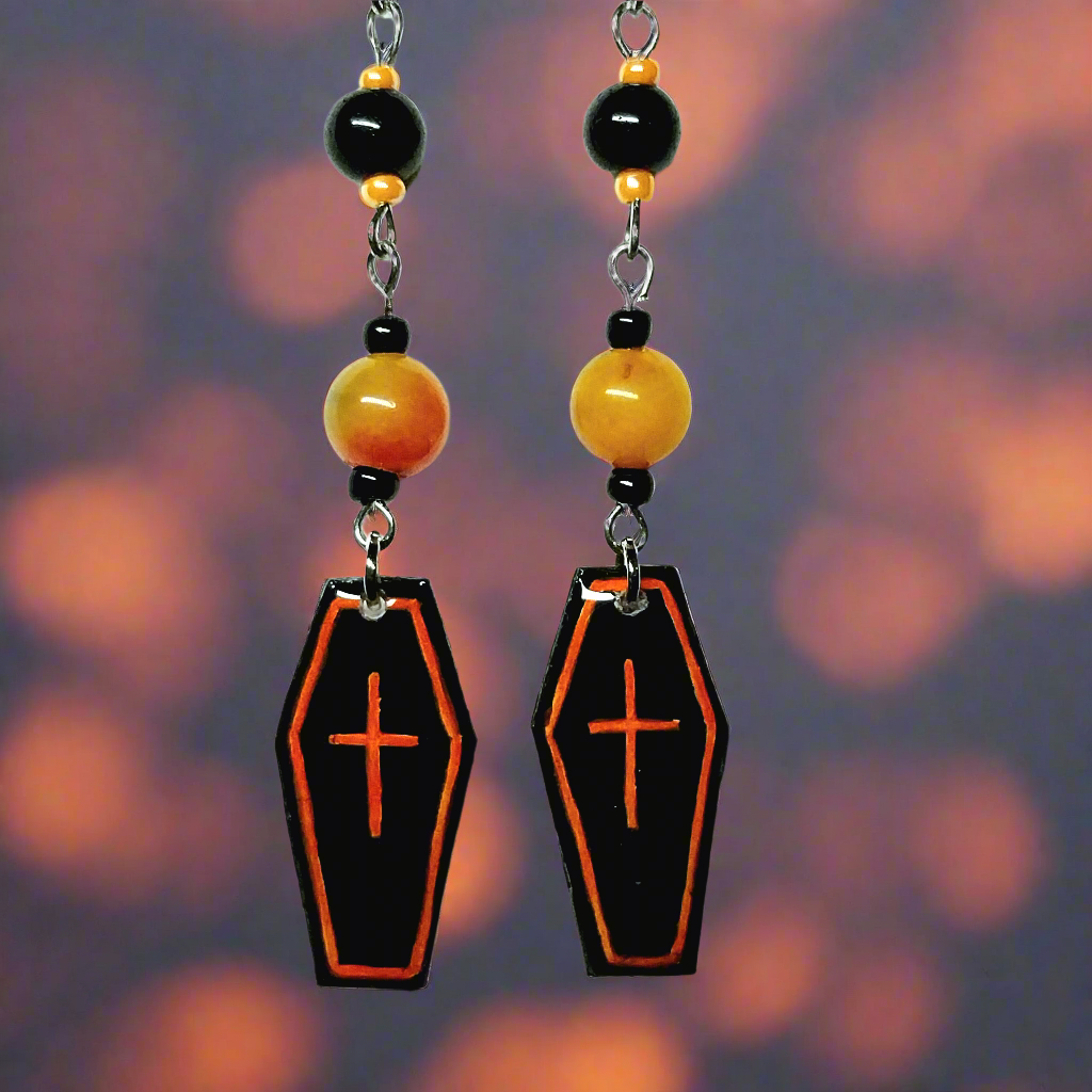 Handmade Orange Flower Coffin Earrings With Peacock Agate Beads