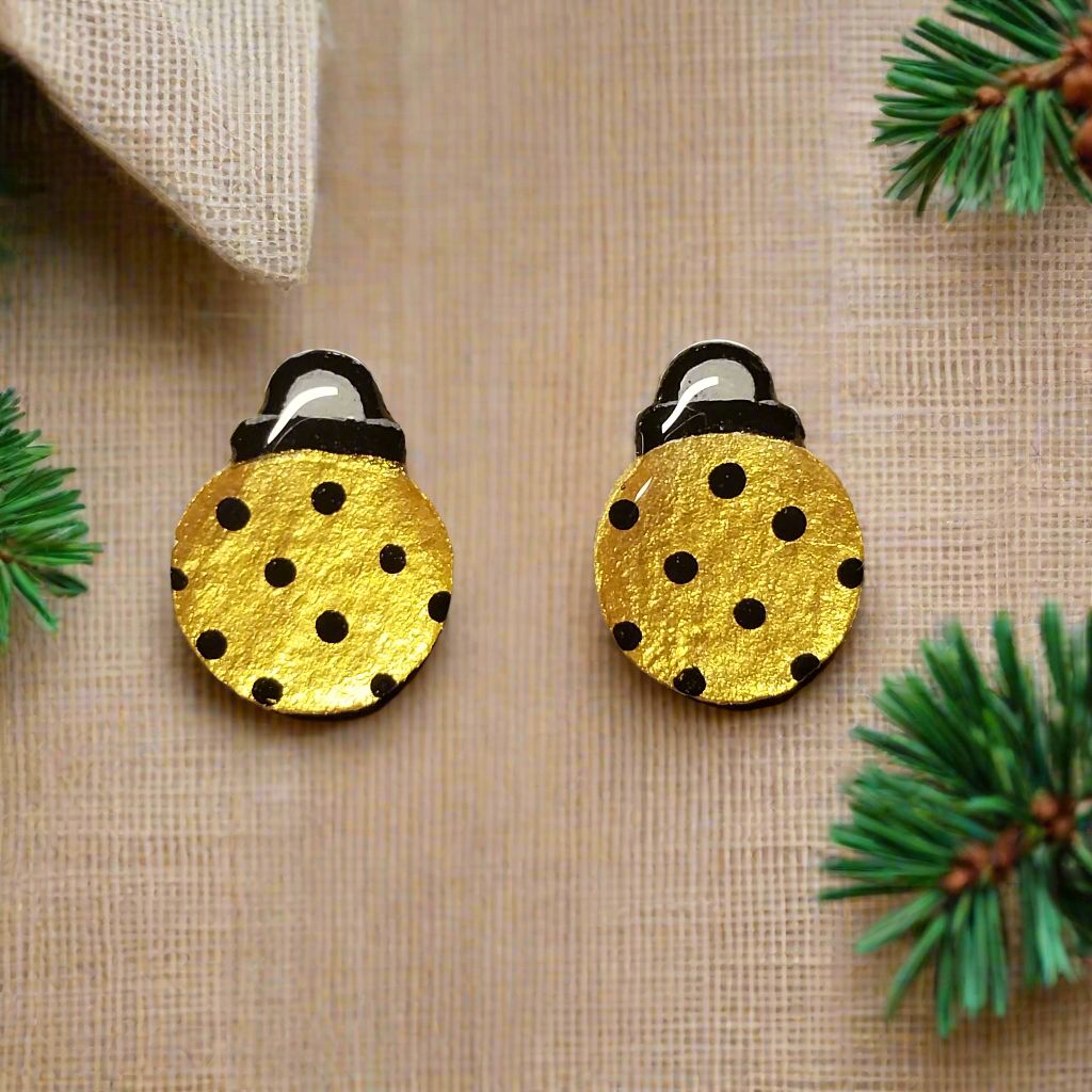 Hand-painted Gold Christmas Ornament Stud Earrings