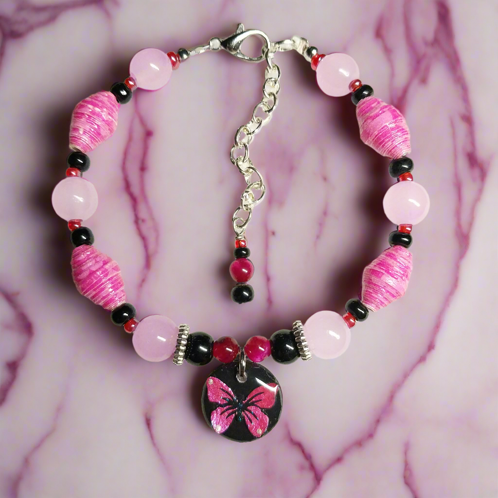 Adjustable Magenta Butterfly Bracelet With Handmade Paper Beads and Opaque Glass Beads