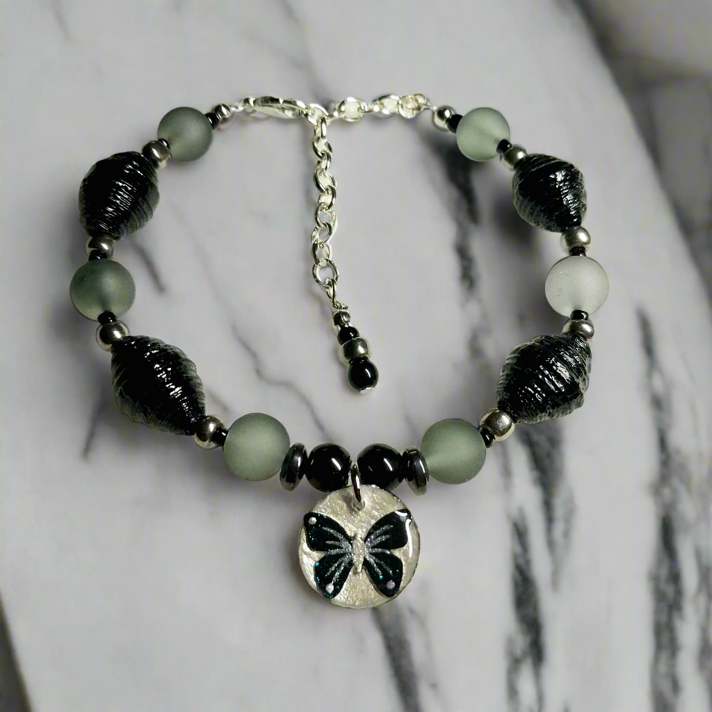Adjustable Black Butterfly Bracelet With Handmade Paper Beads and Glass Beads