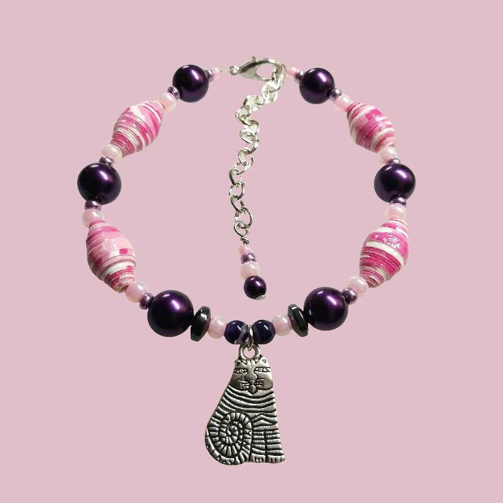 Adjustable Cat Bracelet, Pink & White Streaked Handmade Paper Beads & Purple Glass Beads