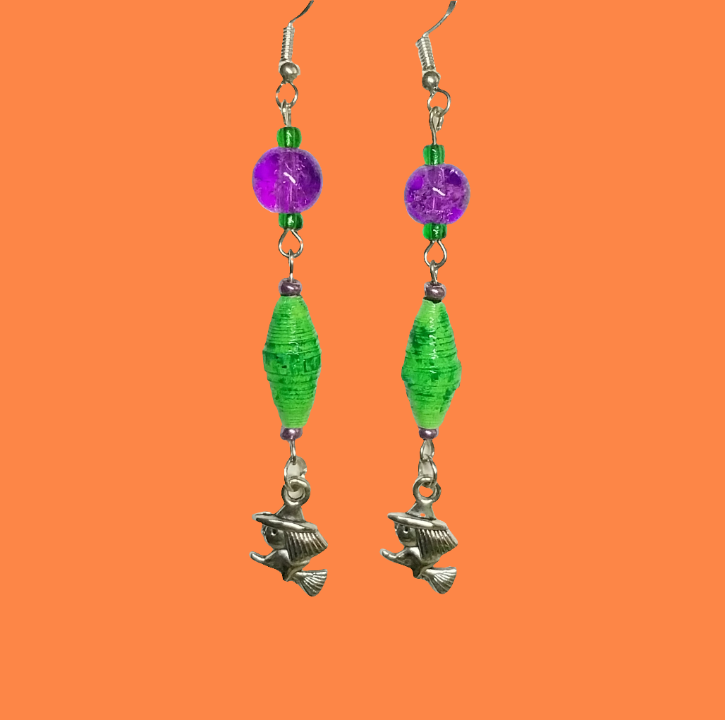 Witch Earrings With Green Distressed Handmade Paper Beads and Crackle Beads