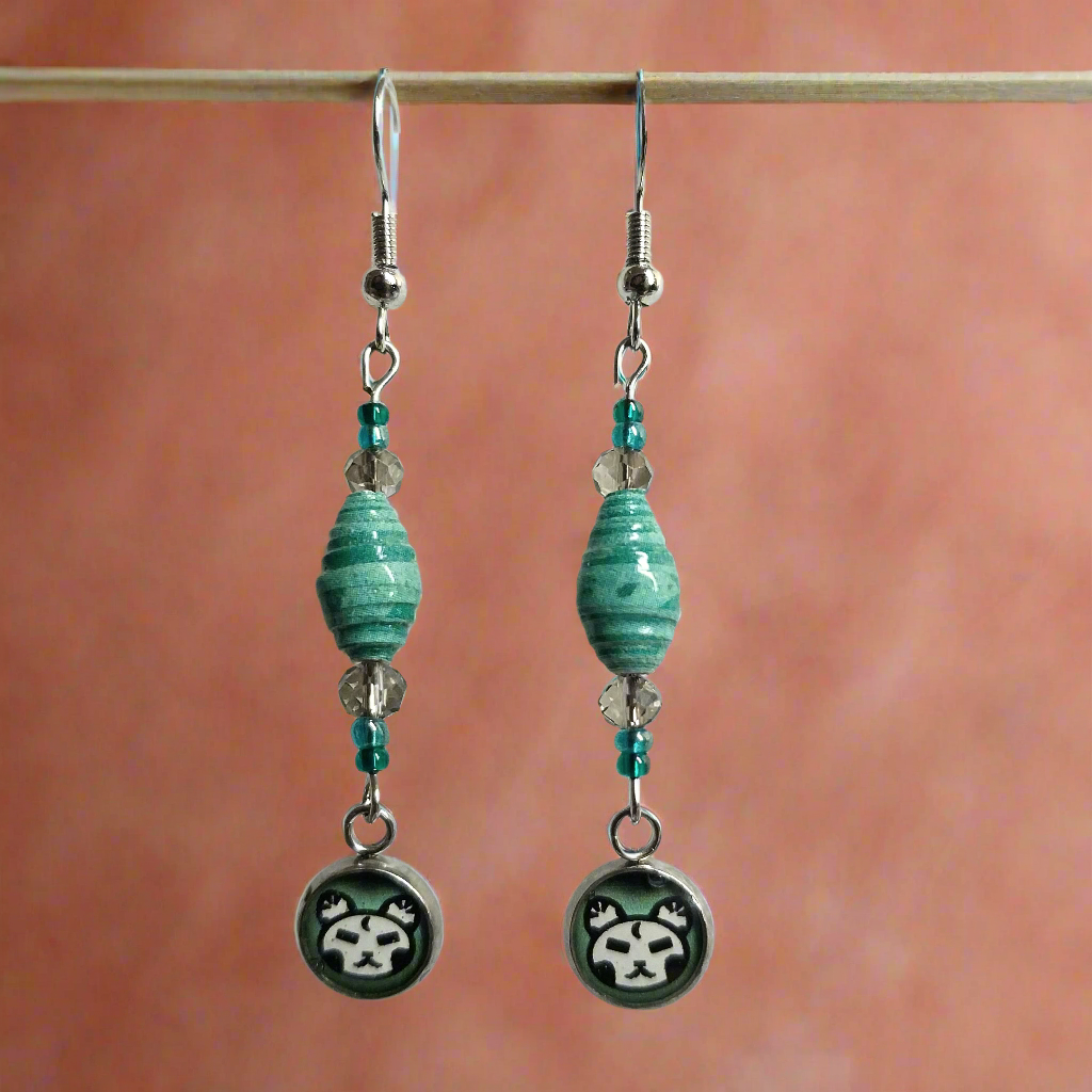 Nietas Cat Logo Earrings With Handmade Teal Striped Paper Beads and Faceted Glass Beads