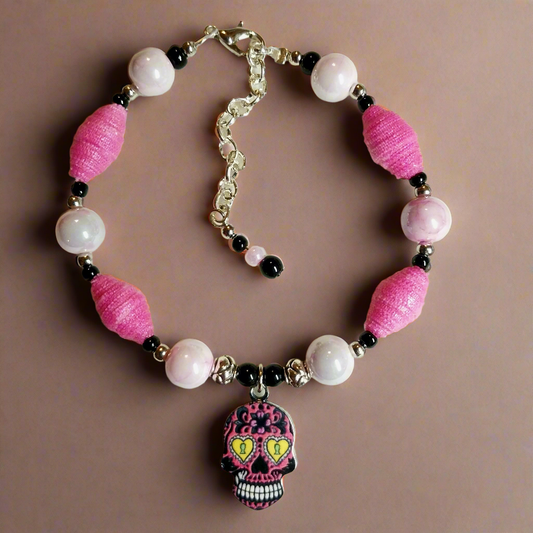 Adjustable Sugar Skull Bracelet With Pink Handmade Cloth Beads and Glass Beads