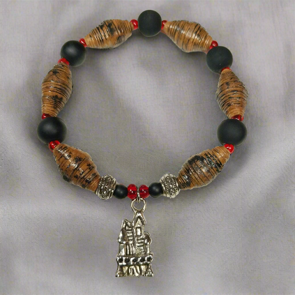 Bracelet With Haunted House, Brown Distressed Handmade Paper Beads, and Black Beads