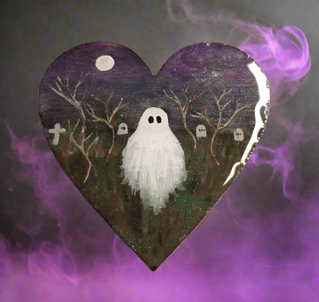 Hand-painted Wood and Resin Heart Ghost Magnets In Multiple Styles