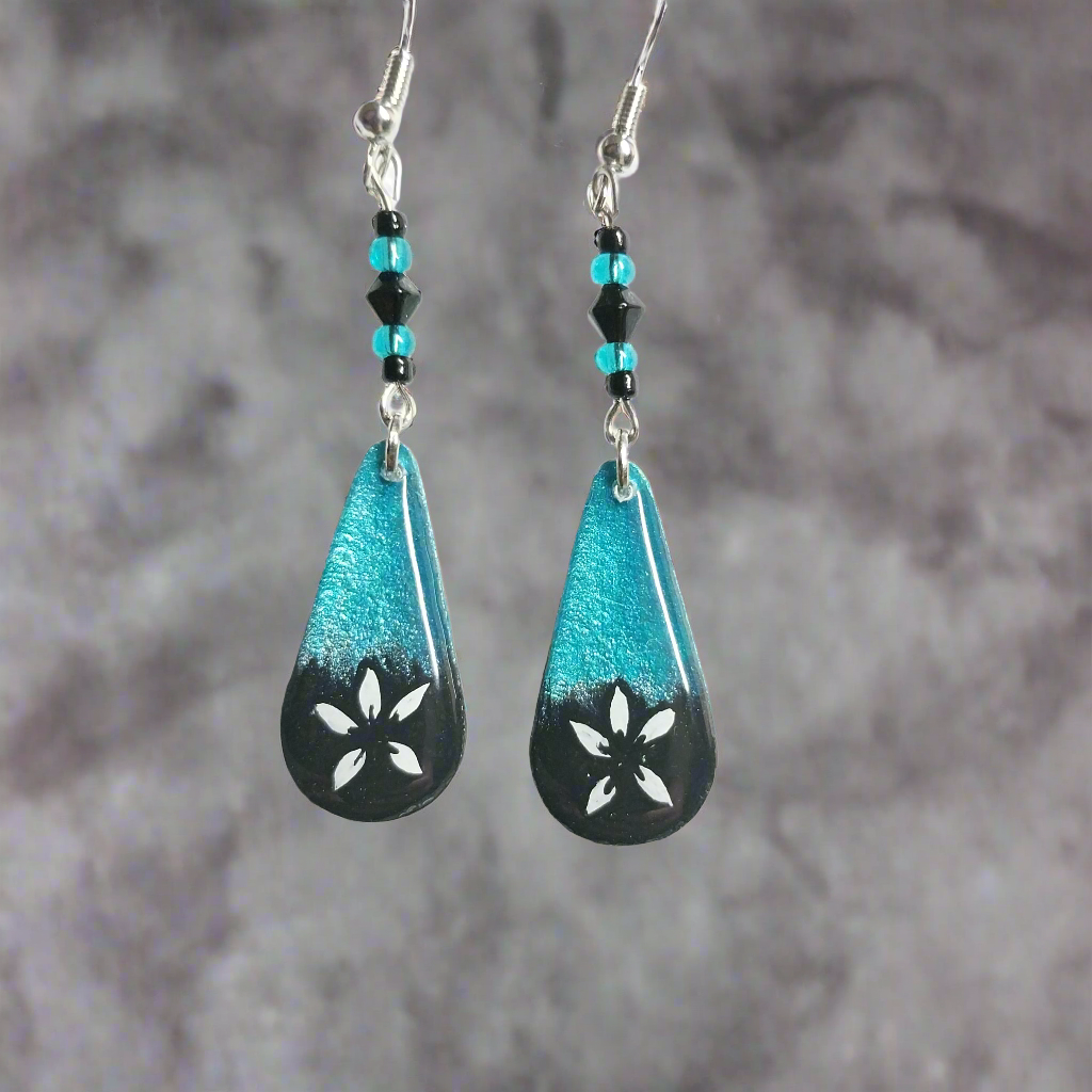 Little Blue Boo Hand-painted Ghost Earrings With Oil Slick Faceted Bead and Glass Beads