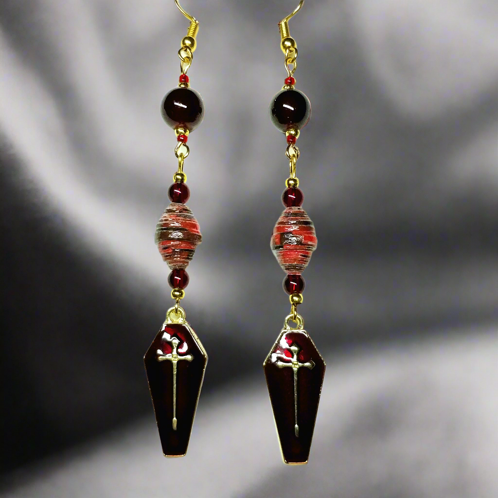 Gold Coffin Earrings With Red/Black Handmade Paper Beads and Blood Red Glass Beads