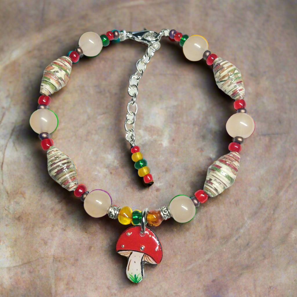 Adjustable Mushroom Bracele With Handmade Striped Paper Beads With Amber, and Glass Beads
