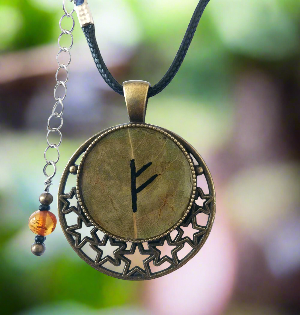 Hand-painted Fehu Prosperity On Bay Leaf Necklace Infused With Selenite Crystal