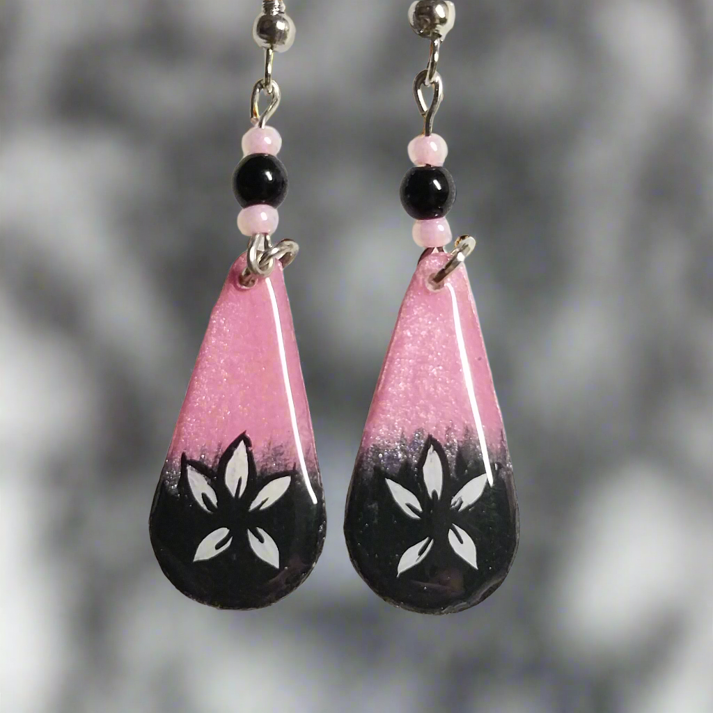 Pinky Boo Hand-painted Ghost Earrings With Black Glass Beads