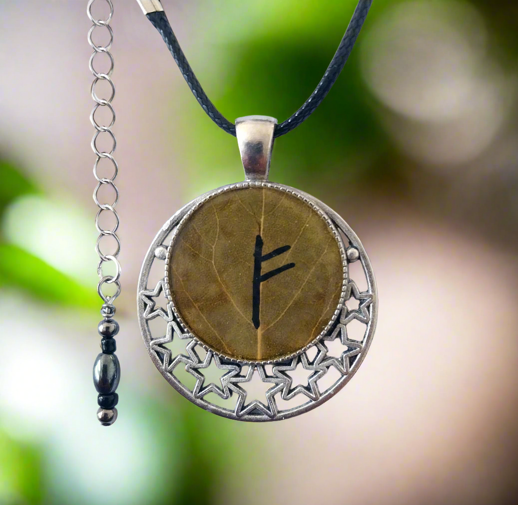 Hand-painted Fehu Prosperity On Bay Leaf Necklace Infused With Selenite Crystal