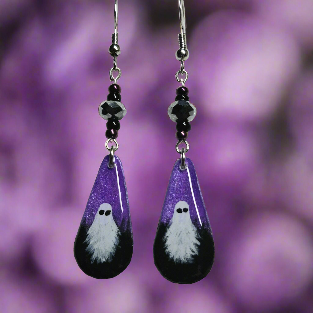 Night Sky Haunt Hand-painted Ghost Earrings With Glass Beads