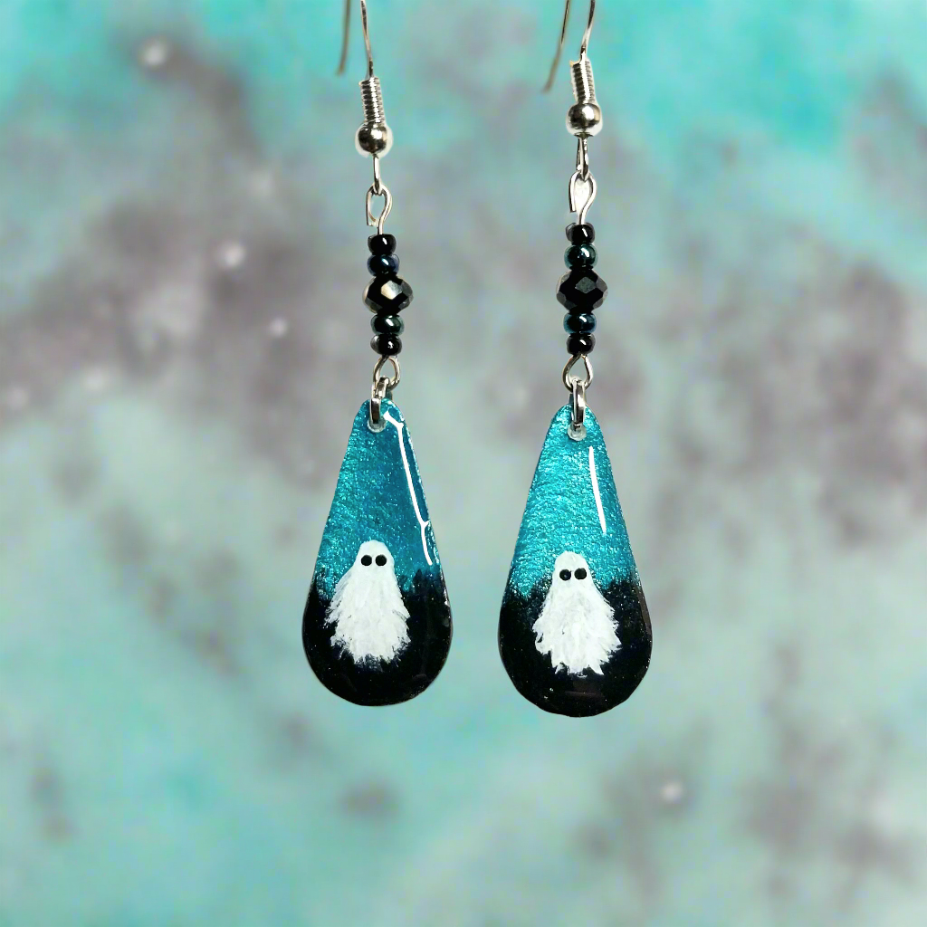 Little Blue Boo Hand-painted Ghost Earrings With Black Faceted Bead and Glass Beads