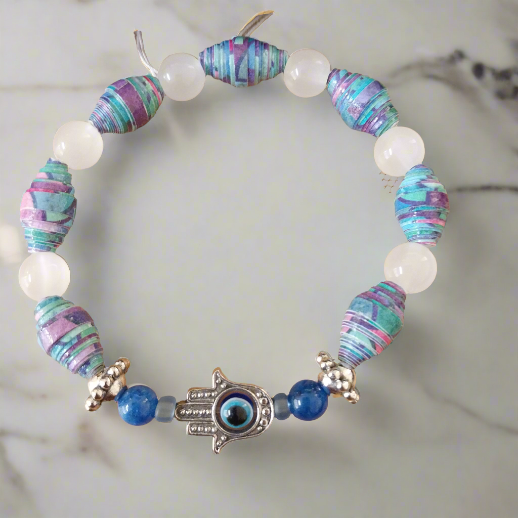 Bracelet With Hamsa Hand, Rainbow Colored Handmade Paper Beads, and Opaque Beads