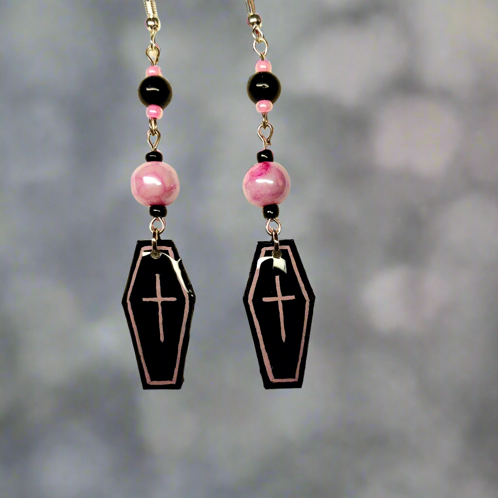 Handmade Pink Flower Coffin Earrings With Pink Glass Beads