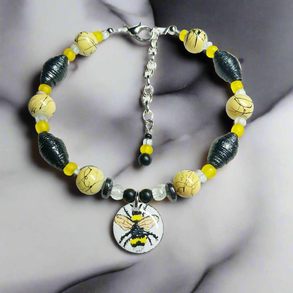 Adjustable Bumble Bee Bracelet With Handmade Paper Beads and Glass Beads