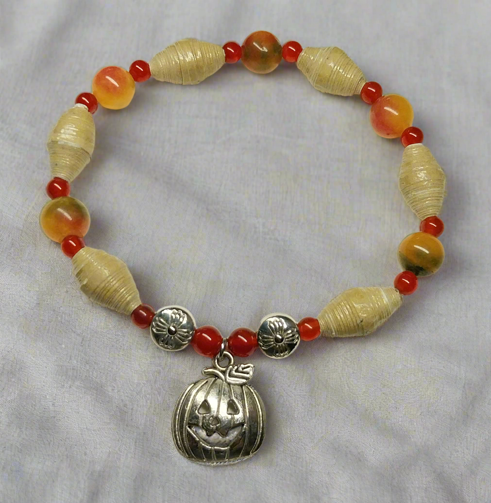 Bracelet With Pumpkin, Colorful Handmade Paper Beads, and Opaque Beads