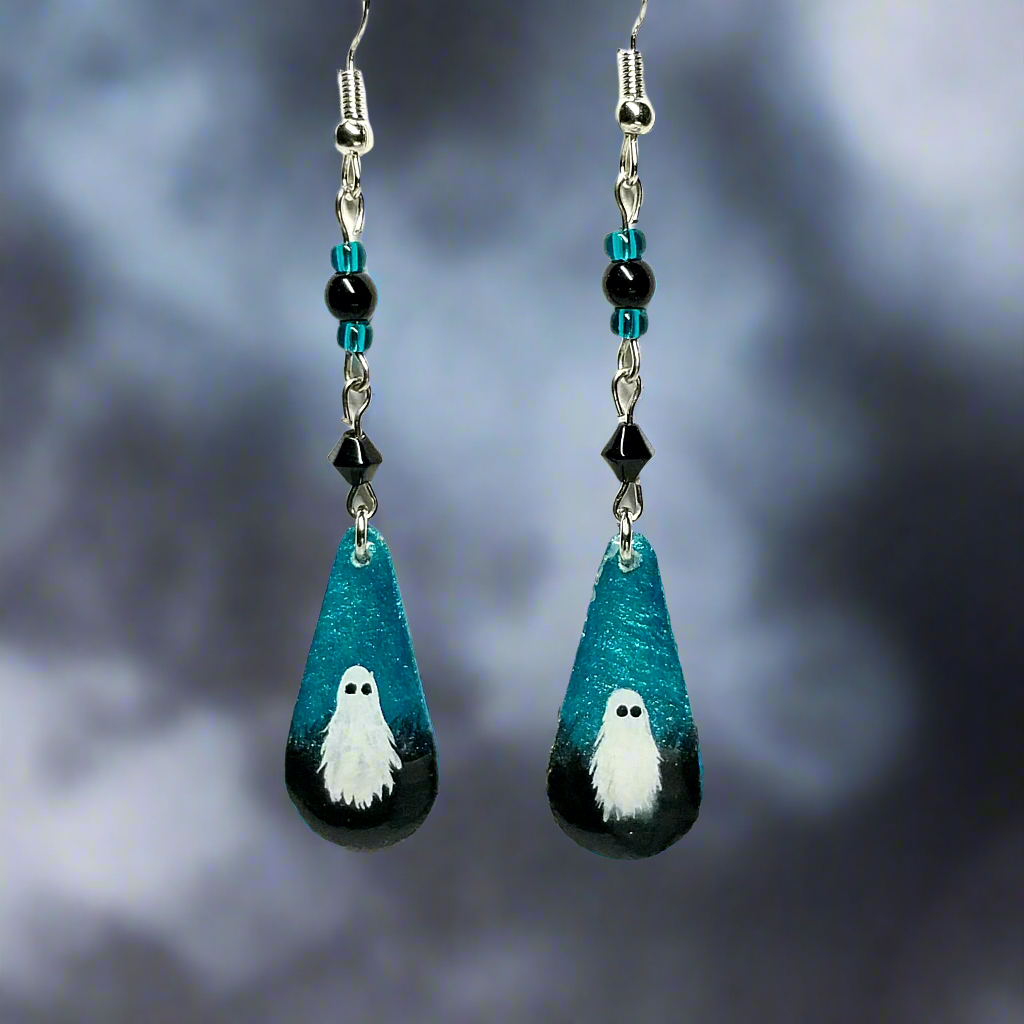 Little Blue Boo Hand-painted Ghost Earrings With Glass Beads