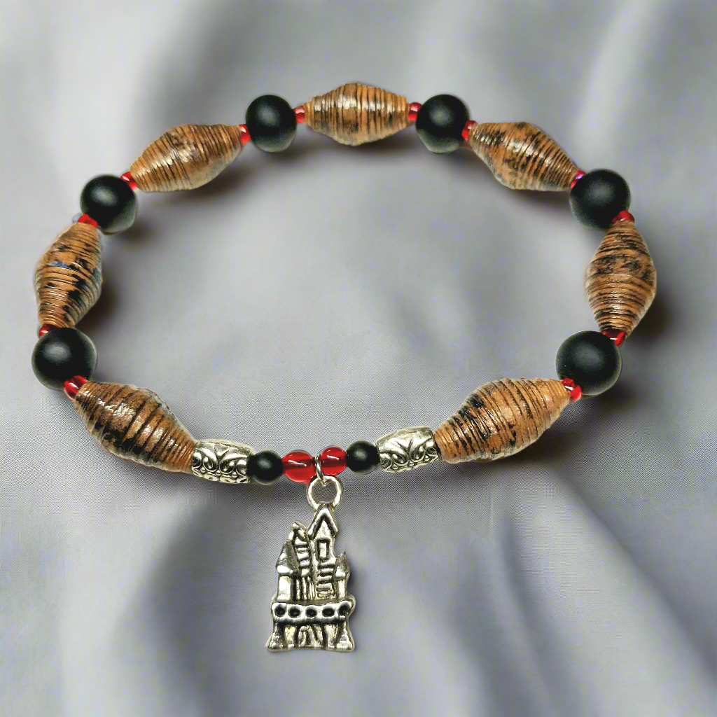 Bracelet With Haunted House, Brown Distressed Handmade Paper Beads, and Black Beads