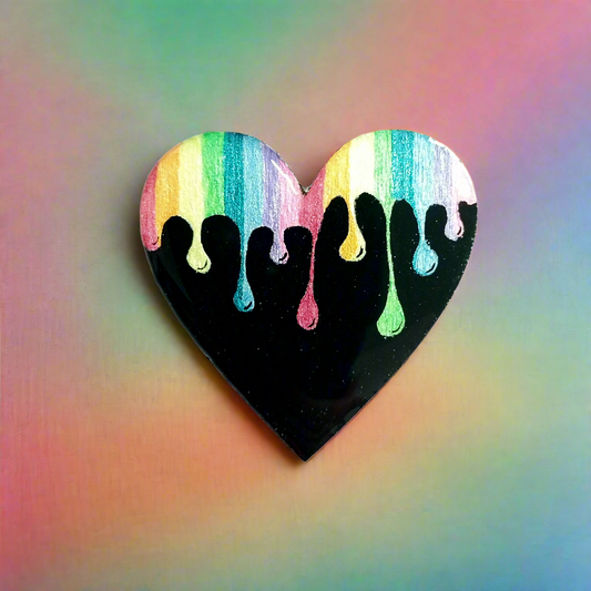 Hand-painted Wood and Resin Rainbow Drip Heart Brooch Pin