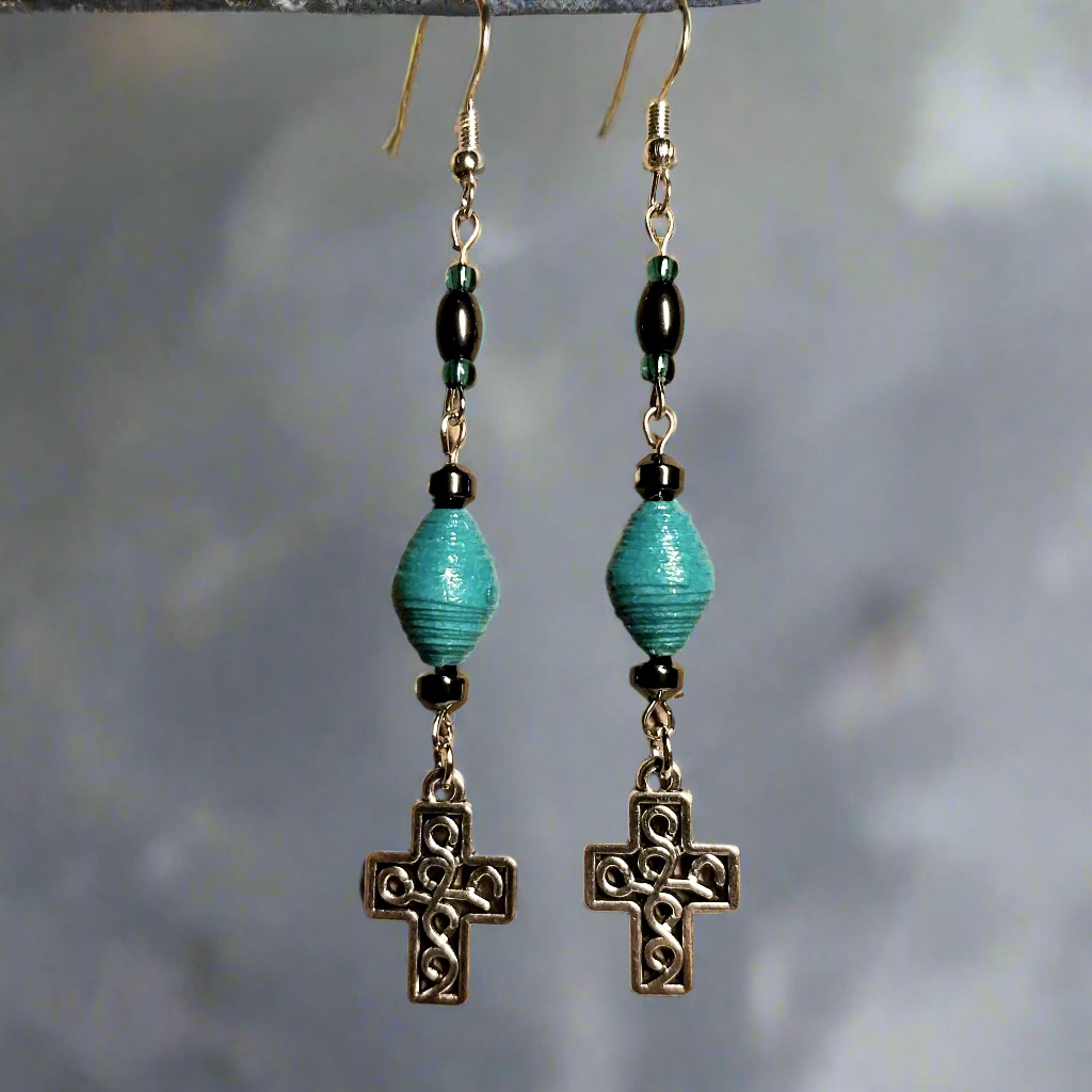 Cross Earrings With Handmade Teal Paper Beads