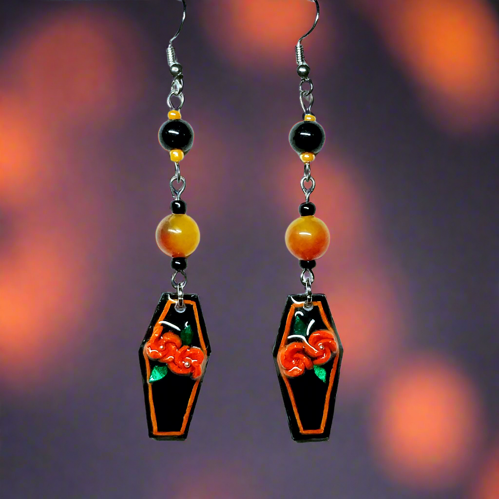 Handmade Orange Flower Coffin Earrings With Peacock Agate Beads