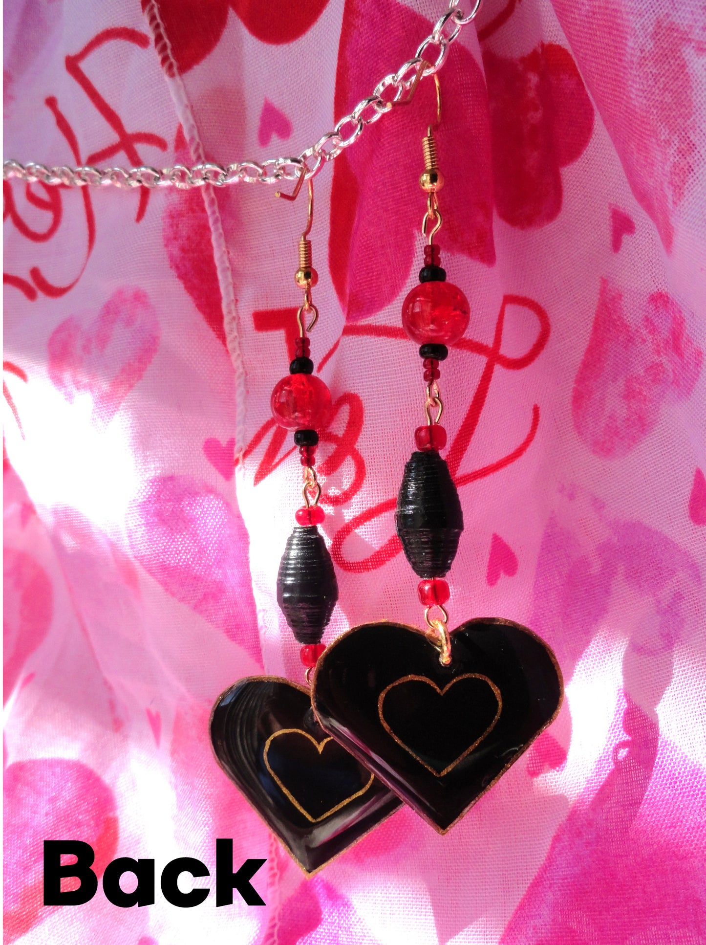 Red Heart Earrings With Black Handmade Paper Beads and Glass Beads