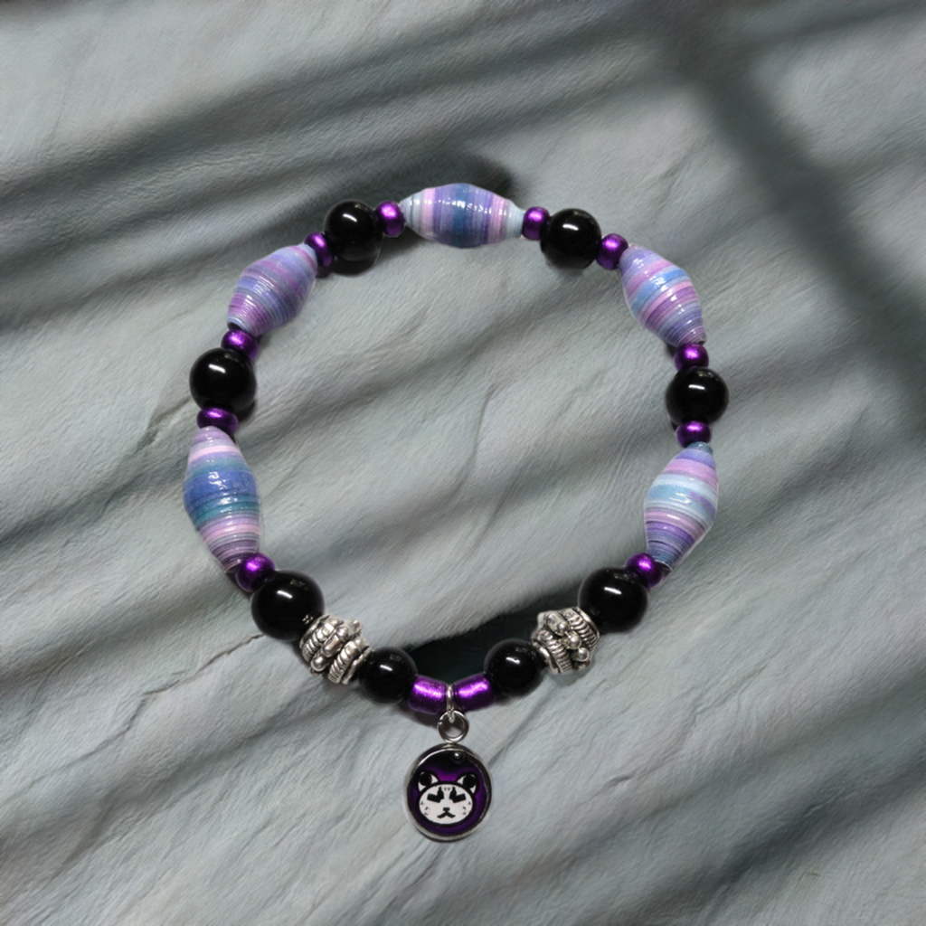 Bracelet With Nietas Logo Charm, Multicolored Handmade Paper Beads & Glass Beads
