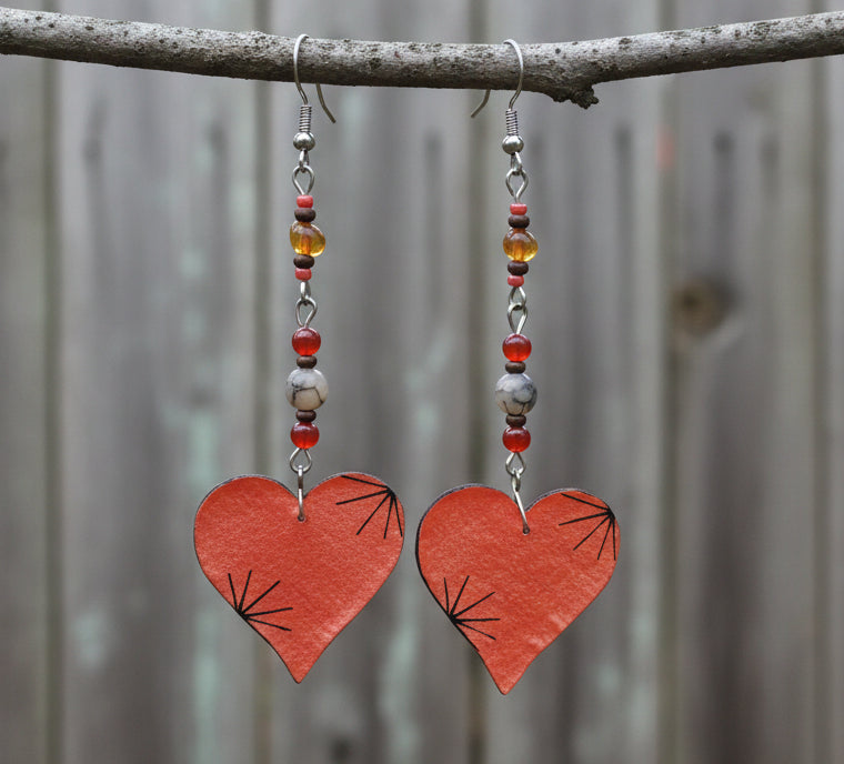 Handmade Starburst Orange Heart Earrings With Agate And Glass Beads