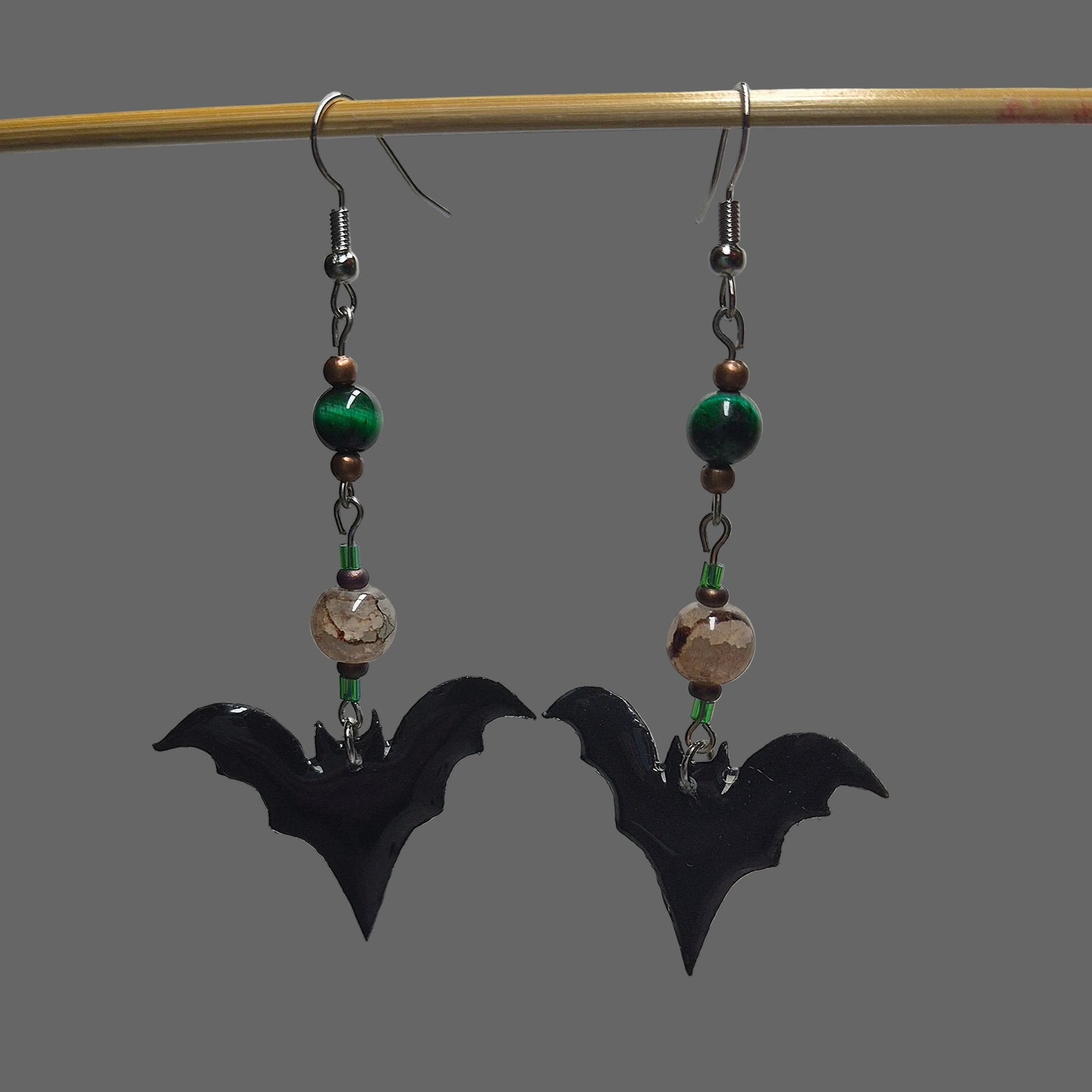 Handmade Bat Romance Earrings With Green Tiger Eye Beads
