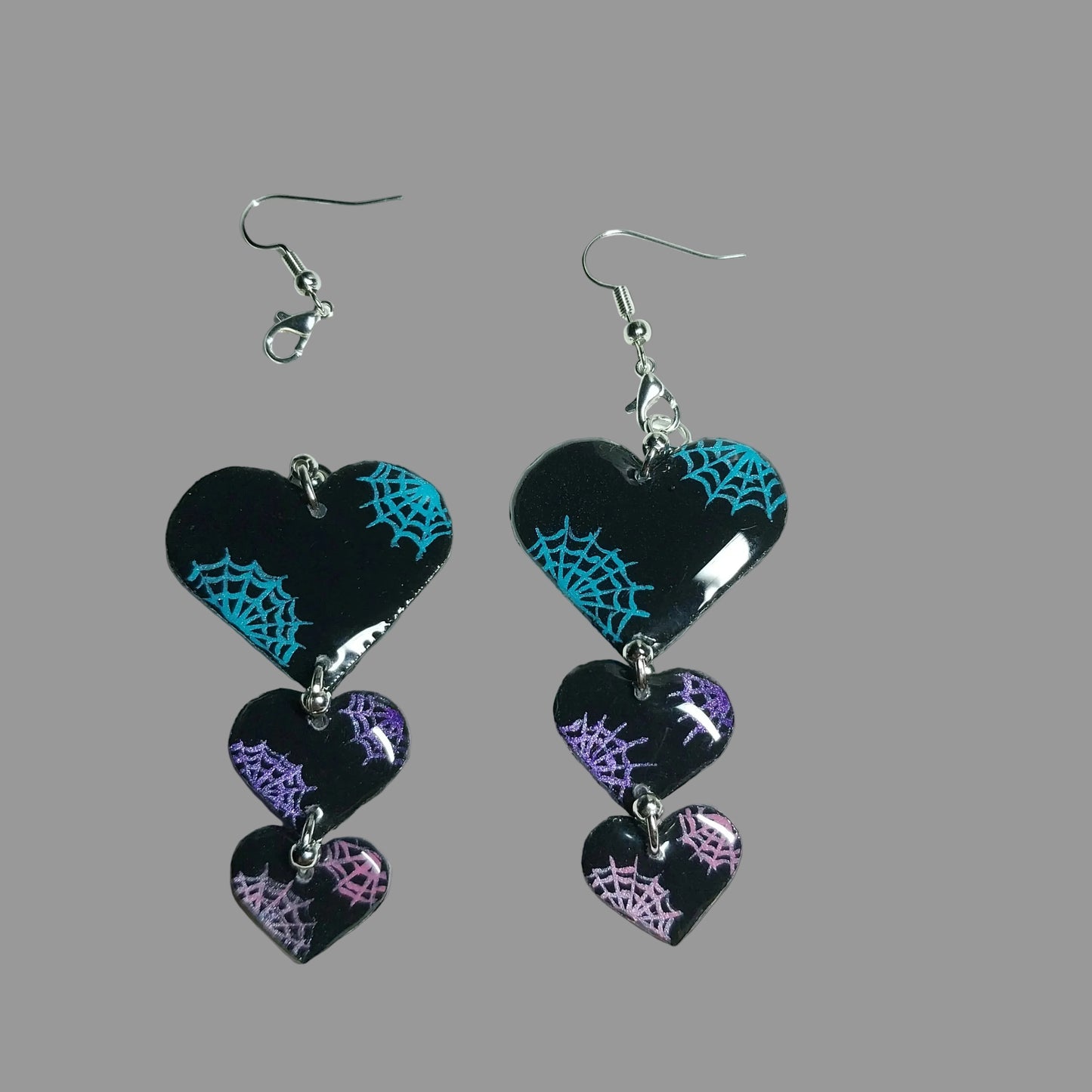 Reversible Handmade Multicolor Spiderweb Heart Earrings