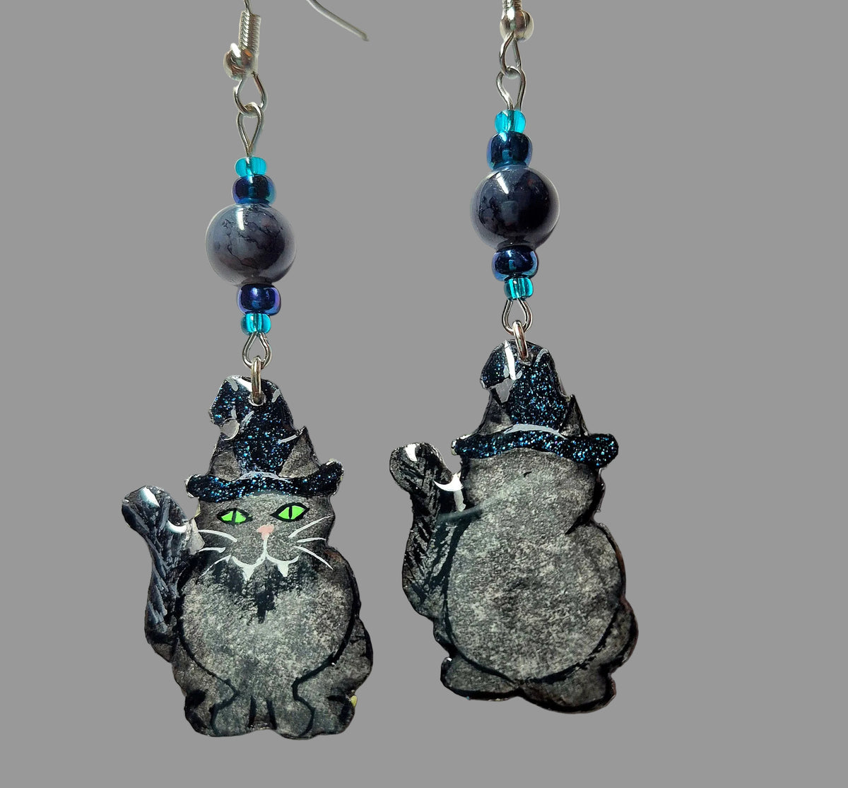 Handmade Blue Glitter Witchy Cat With Smoke Glass Beads