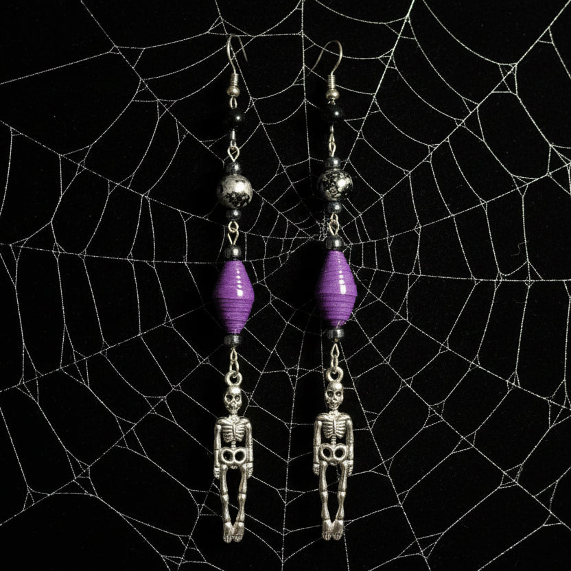 Skeleton Earrings With Purple Handmade Paper Beads and Marbled Beads