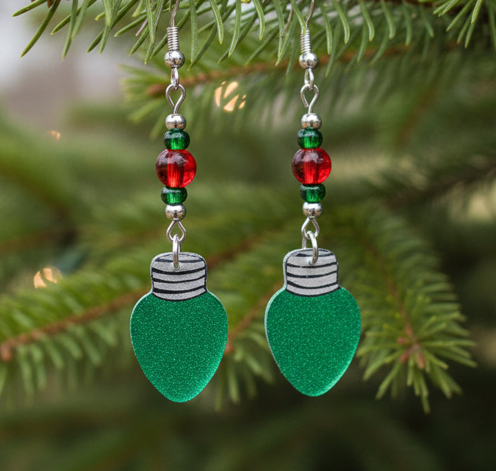 Hand-painted Green Christmas Bulb Earrings With Red Glass Beads