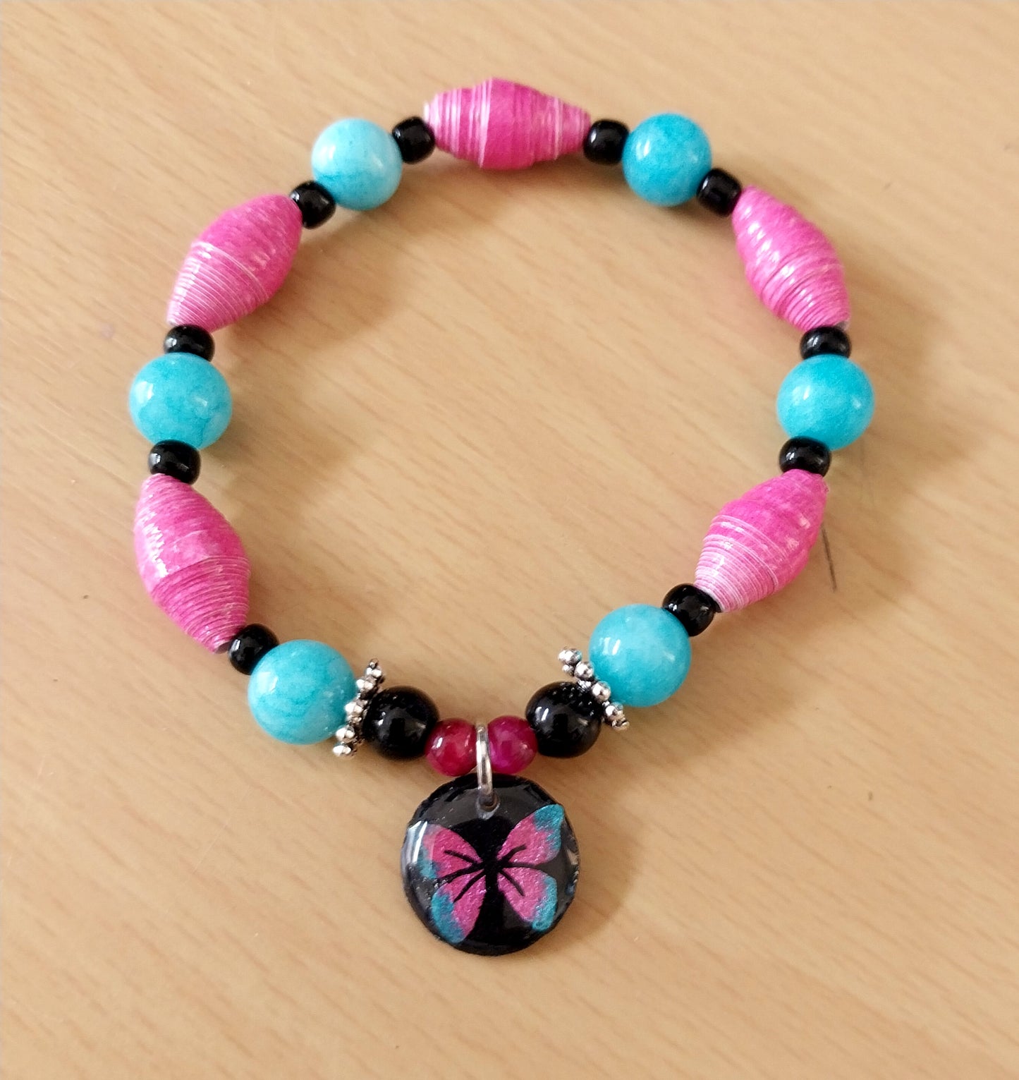Magenta and Turquoise Butterfly Bracelet With Handmade Paper Beads & Glass Beads