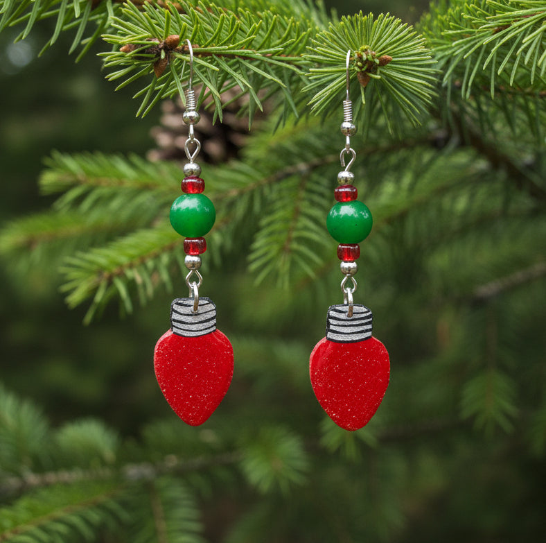 Hand-painted Red Christmas Bulb Earrings With Glass Beads